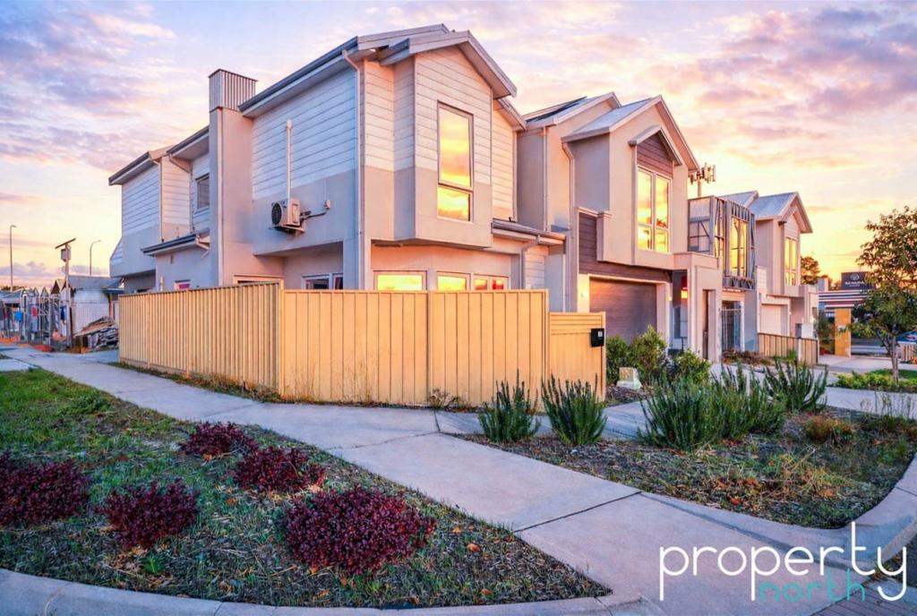 Modern homes with sunset reflections