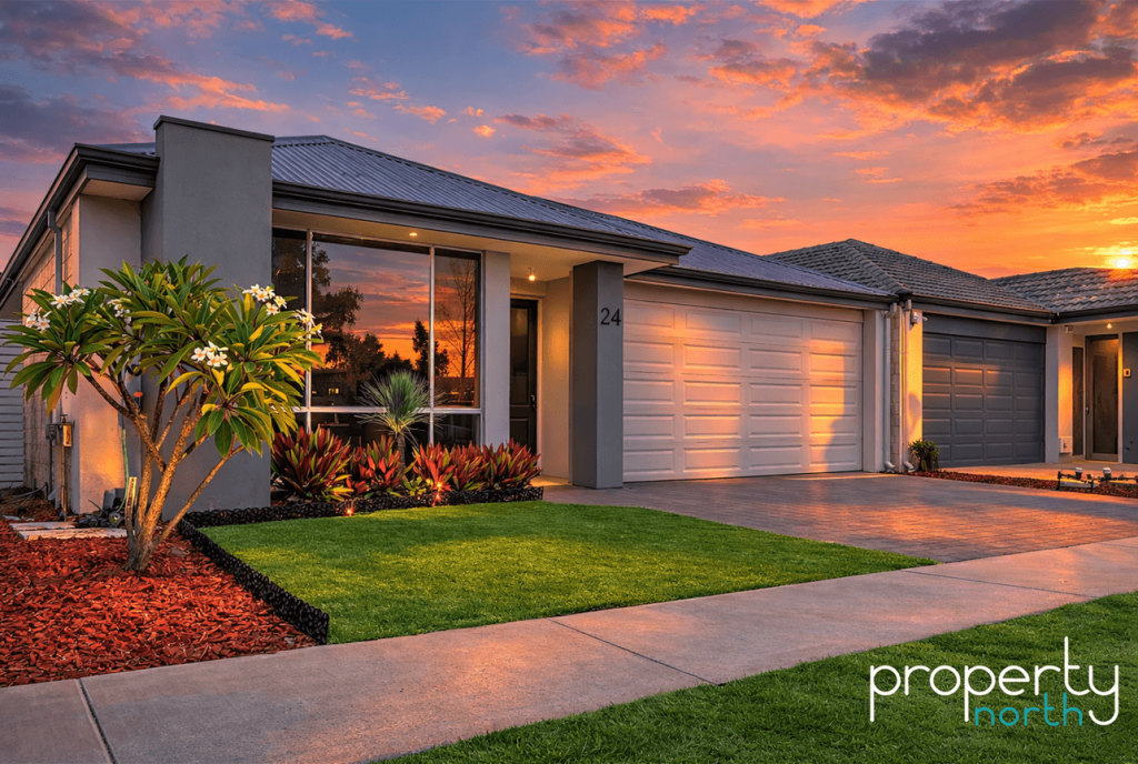 Modern house with sunset backdrop